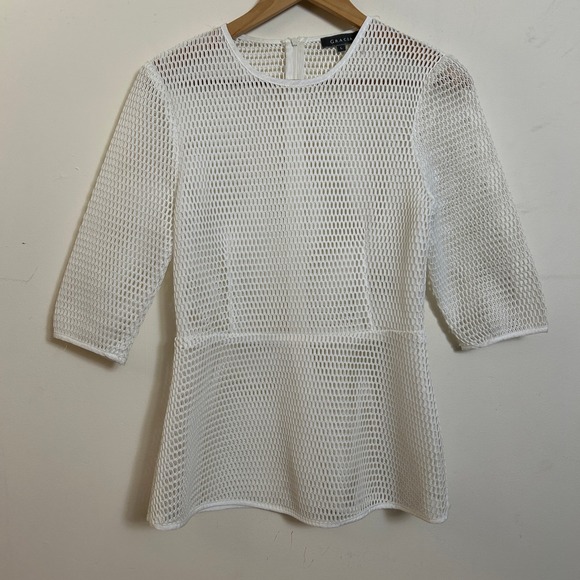 Gracia Tops - Gracia White Mesh Peplum Top Honeycomb Structured Sheer 3/4 Sleeve Large